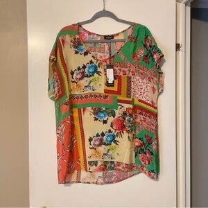 NWT Tolani Floral Patchwork Short Sleeve Blouse - Green/Multicolor